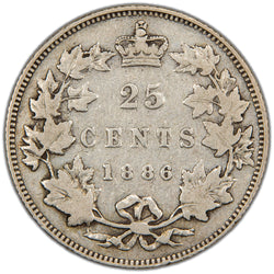 Reverse of a key-variety Dominion of Canada 1886 25 Cents silver coin (Short Bough End, Obverse #4 die variety, SKU: SP2857) in Very Good condition, displaying the denomination 25 CENTS and date 1886 crowned at the top, enclosed within a tied maple leaf wreath showing the Short Bough End design feature.