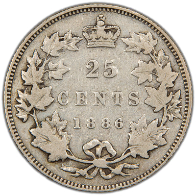 Reverse of a key-variety Dominion of Canada 1886 25 Cents silver coin (Short Bough End, Obverse #4 die variety, SKU: SP2857) in Very Good condition, displaying the denomination 25 CENTS and date 1886 crowned at the top, enclosed within a tied maple leaf wreath showing the Short Bough End design feature.
