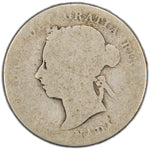 Obverse of a scarce Dominion of Canada 1887 25 Cents silver coin (SKU: SP2858) in Filler condition showing heavy wear or surface impairment, featuring the outline portrait of Queen Victoria facing left, surrounded by the legend VICTORIA DEI GRATIA REGINA with CANADA below.