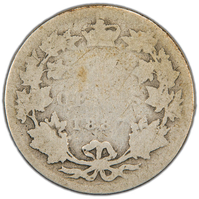 Reverse of a scarce Dominion of Canada 1887 25 Cents silver coin (SKU: SP2858) in Filler condition, displaying the partially visible denomination 25 CENTS and date 1887 crowned at the top, enclosed within a worn maple leaf wreath.