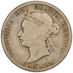 Obverse of a key-variety Dominion of Canada 1888 25 Cents silver coin (Narrow 8 variety, SKU: SP2859) in Good/Very Good condition, featuring the laureate bust portrait of Queen Victoria facing left, surrounded by the legend VICTORIA DEI GRATIA REGINA with CANADA below.