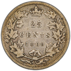 Reverse of a key-variety Dominion of Canada 1888 25 Cents silver coin (Narrow 8 variety, SKU: SP2859) in Good/Very Good condition, displaying the denomination 25 CENTS and date 1888 featuring the distinct Narrow 8 numerals crowned at the top, enclosed within a tied maple leaf wreath.
