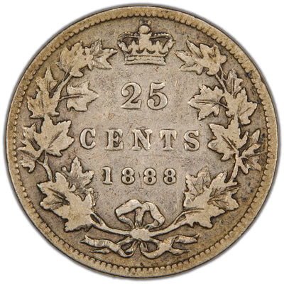 Reverse of a key-variety Dominion of Canada 1888 25 Cents silver coin (Narrow 8 variety, SKU: SP2859) in Good/Very Good condition, displaying the denomination 25 CENTS and date 1888 featuring the distinct Narrow 8 numerals crowned at the top, enclosed within a tied maple leaf wreath.