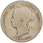 Obverse of a key rare-date Dominion of Canada 1889 25 Cents silver coin (SKU: SP2860) in About Good condition showing heavy wear, featuring the faint outline portrait of Queen Victoria facing left with worn legends VICTORIA DEI GRATIA REGINA and CANADA.