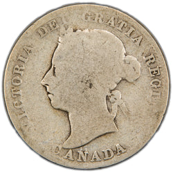 Obverse of a key rare-date Dominion of Canada 1889 25 Cents silver coin (SKU: SP2860) in About Good condition showing heavy wear, featuring the faint outline portrait of Queen Victoria facing left with worn legends VICTORIA DEI GRATIA REGINA and CANADA.