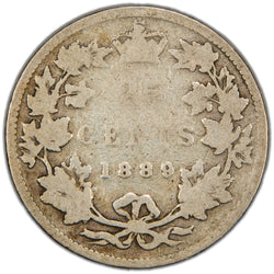 Reverse of a key rare-date Dominion of Canada 1889 25 Cents silver coin (SKU: SP2860) in About Good condition, displaying the partially visible denomination 25 CENTS and rare date 1889 crowned at the top, enclosed within a heavily worn maple leaf wreath.