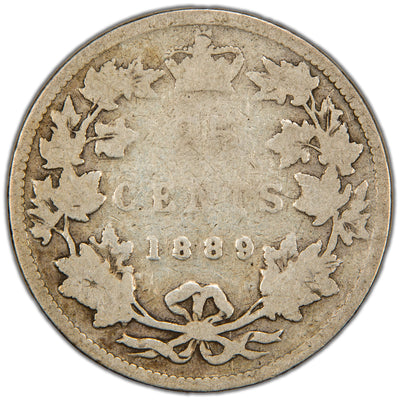 Reverse of a key rare-date Dominion of Canada 1889 25 Cents silver coin (SKU: SP2860) in About Good condition, displaying the partially visible denomination 25 CENTS and rare date 1889 crowned at the top, enclosed within a heavily worn maple leaf wreath.