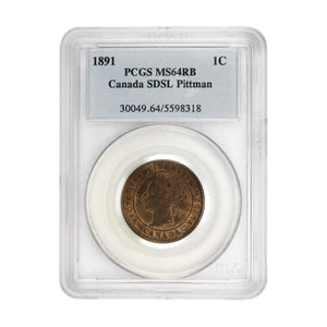 Canada 1891 Obverse #2 SDSL 1 Large Cent Coin - PCGS MS-64 Red & Brown Ex. Pittman