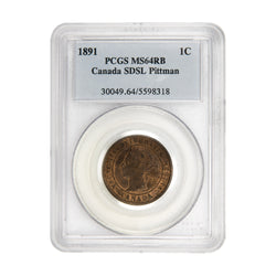 Front of PCGS protective slab encapsulation holder for a Canada 1891 Obverse #2 Small Date Small Leaves (SDSL) 1 Large Cent bronze coin (Grade MS-64 Red & Brown, Pittman Pedigree, SKU: 5598318), displaying the official PCGS certification label with PCGS logo, grade, variety, provenance, and barcode above the coin.