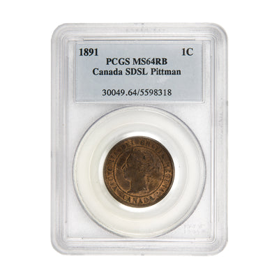 Front of PCGS protective slab encapsulation holder for a Canada 1891 Obverse #2 Small Date Small Leaves (SDSL) 1 Large Cent bronze coin (Grade MS-64 Red & Brown, Pittman Pedigree, SKU: 5598318), displaying the official PCGS certification label with PCGS logo, grade, variety, provenance, and barcode above the coin.