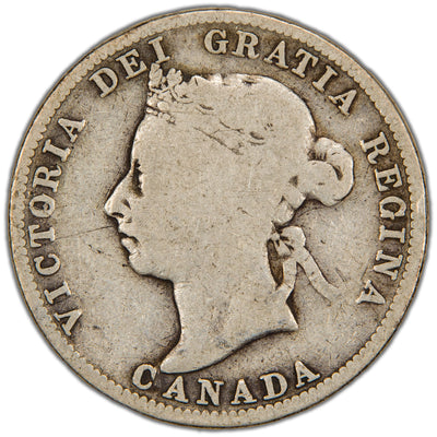 Obverse of a key rare-date Dominion of Canada 1891 25 Cents silver coin (SKU: SP2861) in Good condition showing full outline wear, featuring the laureate bust portrait of Queen Victoria facing left, surrounded by the legend VICTORIA DEI GRATIA REGINA with CANADA below.