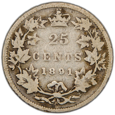 Reverse of a key rare-date Dominion of Canada 1891 25 Cents silver coin (SKU: SP2861) in Good condition, displaying the denomination 25 CENTS and rare date 1891 crowned at the top, enclosed within a tied maple leaf wreath.