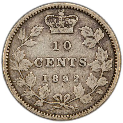 Canada 1892 Obverse #5 10 Cents Dime Silver Coin - VG/F