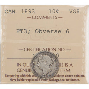 Canada 1893 Obverse #6 Flat Top 3 10 Cents Coin - ICCS VG-8