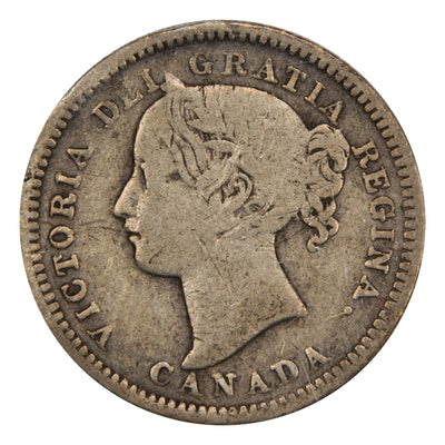 Obverse of a Canada 1893 Obverse #6 Flat Top 3 10 Cents silver coin (ICCS VG-8, SKU: XYP 710), featuring the Obverse #6 draped bust portrait of Queen Victoria facing left, surrounded by VICTORIA DEI GRATIA REGINA CANADA.