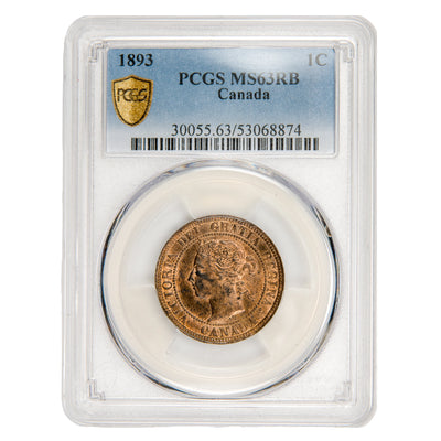 Canada 1893 One Large Cent copper coin graded PCGS MS-63 Red & Brown, certificate number 53068874, full obverse view in slab showing Queen Victoria profile.