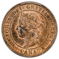 Close-up view of Queen Victoria's diademed portrait on Canada 1893 One Large Cent coin, PCGS certification 53068874 with original mint luster and red-brown toning.