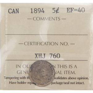 Canada 1894 5 Cents Silver Coin - ICCS EF-40