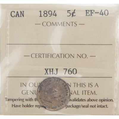 Front of ICCS protective flip holder for a Canada 1894 5 Cents silver coin (Grade Extremely Fine-40, SKU: XHJ 760), displaying the official ICCS certification insert with grade and serial number above the coin.