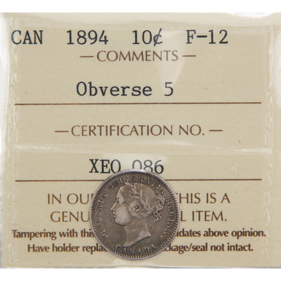 Front of ICCS protective flip holder for a Canada 1894 Obverse #5 10 Cents silver dime coin (Grade Fine-12, SKU: XEO 086), displaying the official ICCS certification insert with grade, variety designation, and serial number above the coin.