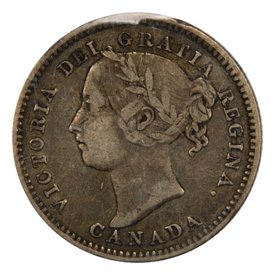 Obverse of a Canada 1894 Obverse #5 10 Cents silver dime coin (ICCS F-12, SKU: XEO 086), featuring the Obverse #5 draped bust portrait of Queen Victoria facing left, surrounded by VICTORIA DEI GRATIA REGINA CANADA.