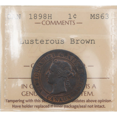 Front of ICCS protective flip holder for a Canada 1898-H 1 Large Cent bronze coin (Grade MS-63, SKU: XUJ 049), displaying the official ICCS certification insert with grade, mint mark designation, and serial number above the coin.