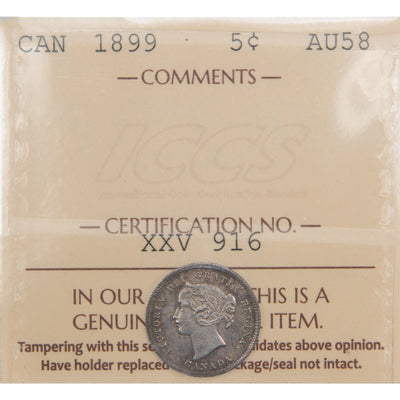 Front of ICCS protective flip holder for a Canada 1899 5 Cents silver coin (Grade About Uncirculated-58, SKU: XXV 916), displaying the official ICCS certification insert with grade and serial number above the coin.