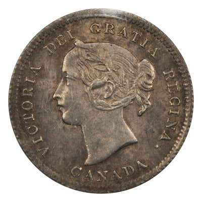 Obverse of a Canada 1899 5 Cents silver coin (ICCS AU-58, SKU: XXV 916), featuring the draped bust of Queen Victoria facing left, surrounded by VICTORIA DEI GRATIA REGINA CANADA.