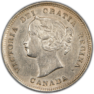 Obverse of a Canada 1899 5 Cents silver coin (SKU: SP2846) in EF/AU condition, featuring the detailed laureate bust portrait of Queen Victoria facing left with strong hair detail, surrounded by the legend VICTORIA DEI GRATIA REGINA with CANADA below.