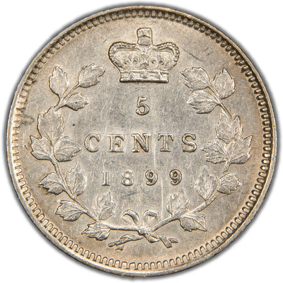 Reverse of a Canada 1899 5 Cents silver coin (SKU: SP2846) in EF/AU condition showing light mint luster, displaying the denomination 5 CENTS and date 1899 crowned at the top, enclosed within a finely detailed maple leaf wreath tied with a ribbon.