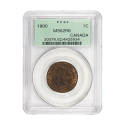 Front of PCGS protective slab encapsulation holder for a Canada 1900 1 Large Cent bronze coin (Grade MS-62 Red & Brown, SKU: 4426934), displaying the official PCGS certification label with PCGS logo, grade, color designation, and barcode above the coin.