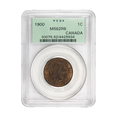 Front of PCGS protective slab encapsulation holder for a Canada 1900 1 Large Cent bronze coin (Grade MS-62 Red & Brown, SKU: 4426934), displaying the official PCGS certification label with PCGS logo, grade, color designation, and barcode above the coin.