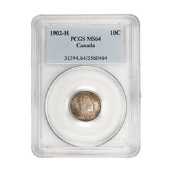 Front of PCGS protective slab encapsulation holder for a Canada 1902-H 10 Cents Dime silver coin (Grade MS-64, SKU: 3560464), displaying the official PCGS certification label with PCGS logo, grade, mint mark designation, and barcode above the coin.
