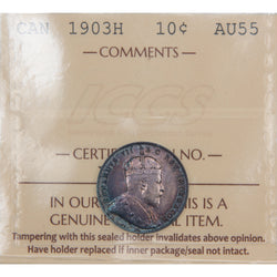 Front of ICCS protective slab encapsulation holder for a Canada 1903-H 10 Cents Dime Silver coin (Grade AU-55, SKU: XEW 910), displaying the official ICCS yellow certification insert label with grade, mint mark designation, and serial number above the coin.