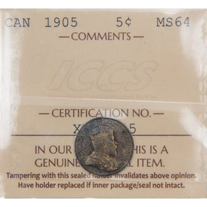 Canada 1905 5 Five Cents Silver Coin - ICCS MS-64