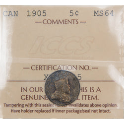 Front of ICCS protective slab encapsulation holder for a Canada 1905 5 Cents Silver coin (Grade MS-64, SKU: XUQ 845), displaying the official ICCS yellow certification insert label with grade, serial number, and certification details above the coin.