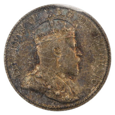 Obverse of a Canada 1905 5 Cents Silver coin (ICCS MS-64, SKU: XUQ 845), featuring the crowned profile portrait of King Edward VII facing right, surrounded by EDWARDUS VII DEI GRATIA REX IMPERATOR.