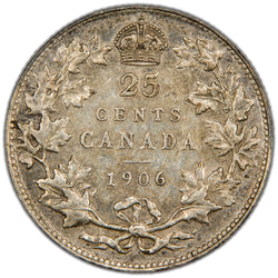 Canada 1906 Large Crown 25 Cents Quarter Silver Coin - VF/EF