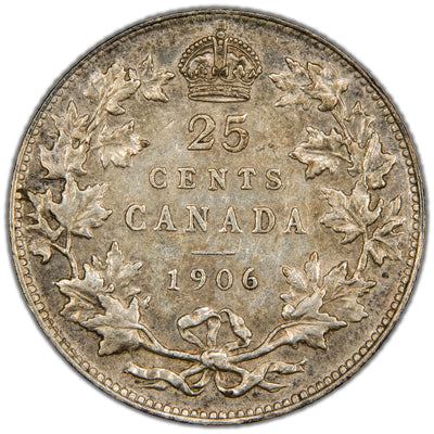 Canada 1906 Large Crown 25 Cents Quarter Silver Coin - VF/EF