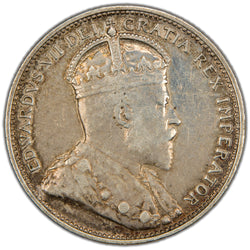 Obverse of a Dominion of Canada 1909 25 Cents silver coin (SKU: SP2863) in Very Fine condition showing evidence of cleaning, featuring the crowned bust portrait of King Edward VII facing right, surrounded by the legend EDWARDVS VII DEI GRATIA REX IMPERATOR with CANADA below.