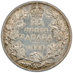 Reverse of a Dominion of Canada 1909 25 Cents silver coin (SKU: SP2863) in Very Fine condition showing cleaned surfaces, displaying the denomination 25 CENTS and date 1909 crowned at the top, enclosed within a tied maple leaf wreath.