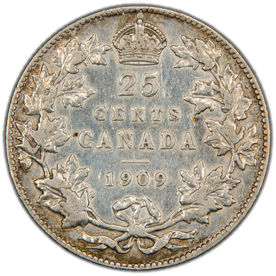 Reverse of a Dominion of Canada 1909 25 Cents silver coin (SKU: SP2863) in Very Fine condition showing cleaned surfaces, displaying the denomination 25 CENTS and date 1909 crowned at the top, enclosed within a tied maple leaf wreath.
