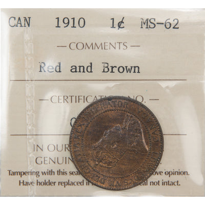 Front of ICCS protective flip holder for a Canada 1910 1 Large Cent bronze coin (Grade MS-62 Red & Brown, SKU: QH 113), displaying the official ICCS certification insert with grade, color designation, and serial number above the coin.