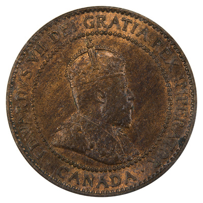 Obverse of a Canada 1910 1 Large Cent coin (ICCS MS-62 Red & Brown, SKU: QH 113), featuring the crowned profile portrait of King Edward VII facing right, surrounded by EDWARDVS VII DEI GRATIA REX IMPERATOR.