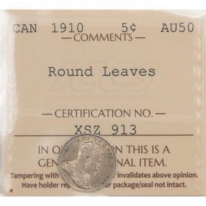 Canada 1910 Round Leaves 5 Five Cents Silver Coin - ICCS AU-50
