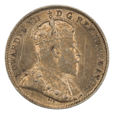 Obverse of a Canada 1910 Round Leaves 5 Cents silver coin (ICCS AU-50, SKU: XSZ 913), featuring the crowned profile portrait of King Edward VII facing right, surrounded by EDWARDVS VII DEI GRATIA REX IMPERATOR.