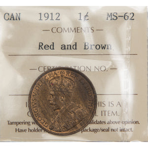 Canada 1912 1 Large Cent Coin - ICCS MS-62 Red & Brown