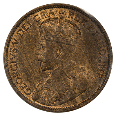 Obverse of a Canada 1912 1 Large Cent coin (ICCS MS-62 Red & Brown, SKU: IB 351), featuring the crowned profile portrait of King George V facing left in coronation robes, surrounded by GEORGIVS V DEI GRA: REX ET IND: IMP:.
