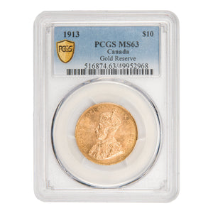 Canada 1913 $10 Ten Dollars Gold Coin - PCGS MS-63 Canada Gold Reserve