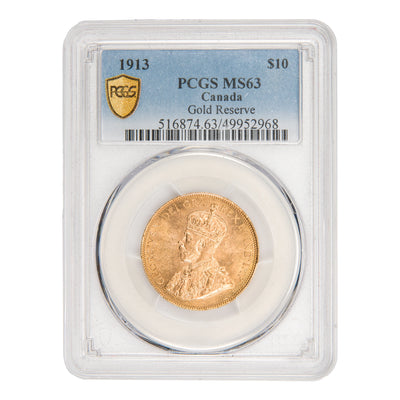 Front of PCGS protective slab encapsulation holder for a Canada 1913 $10 Ten Dollars gold coin (Grade MS-63, Canada Gold Reserve provenance, SKU: 49952968), displaying the official PCGS label with grade, pedigree designation, serial number, and barcode above the coin.